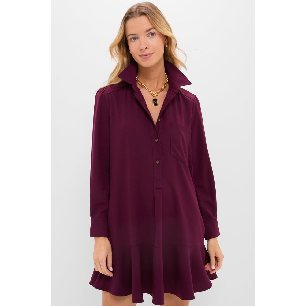 NWOT Tuckernuck Callahan Shirt Dress Burgundy Wine Long Sleeve Flounce‎ Hem XL
